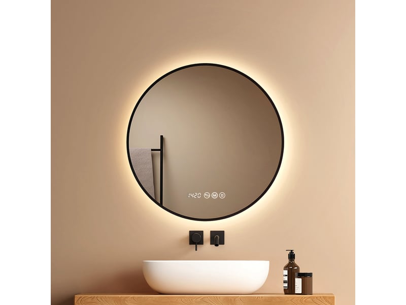  Emke miroir de salle de bain led rond 60x60 cm cadre noir, anti-buée, horloge, tactile, température de couleur et luminosité réglables  - Conforama B