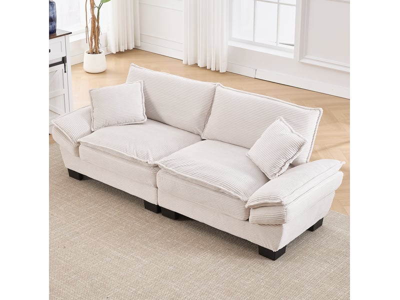  Canapé 2 places 224x81x81 cm ultra-profond avec 2 coussins, structure bois, velours beige  - Conforama B