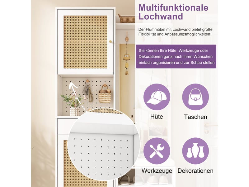 Meubles d'entrée avec banc, miroir, panneau perforé, 2 portes, tiroir et niches, 99×35×180 cm, blanc naturel - Conforama E