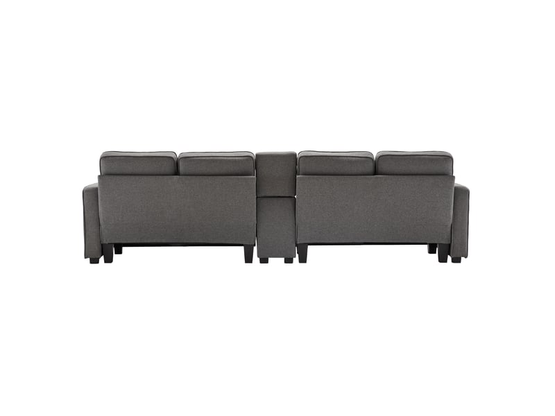  Canapé droit 4 places avec console, 2 ports usb, 2 porte-gobelets, poches et 4 coussins en polyester gris foncé  - Conforama A