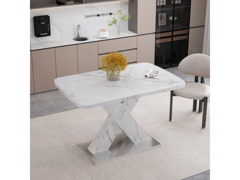  Table à manger rectangulaire moderne extensible 120-160 cm – plateau marbre blanc – piètement x mdf, base métallique  - Conforama D