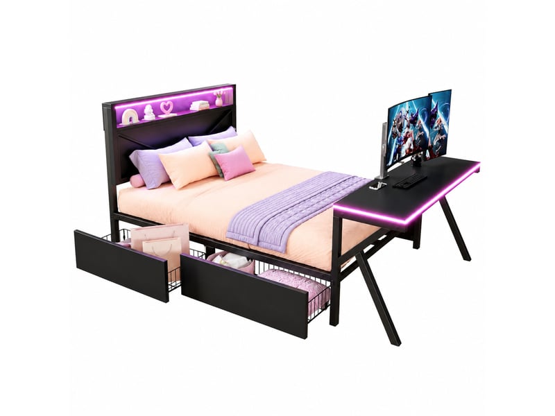  Lit enfant gaming 140x200 cm, 2 tiroirs, usb, en mdf, métal, noir, bureau éclairage led, tête de lit éclairage led, sans matelas  - Conforama E