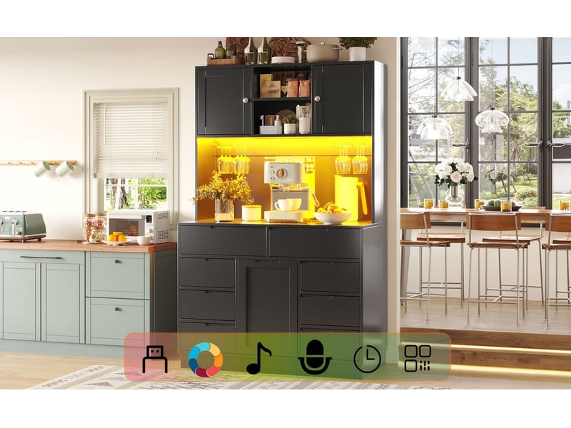  Buffet de cuisine 120 x 40 x 183 cm éclairage led intelligent 8 tiroirs fermeture magnétique étagères réglables en hauteur noir  - Conforama E