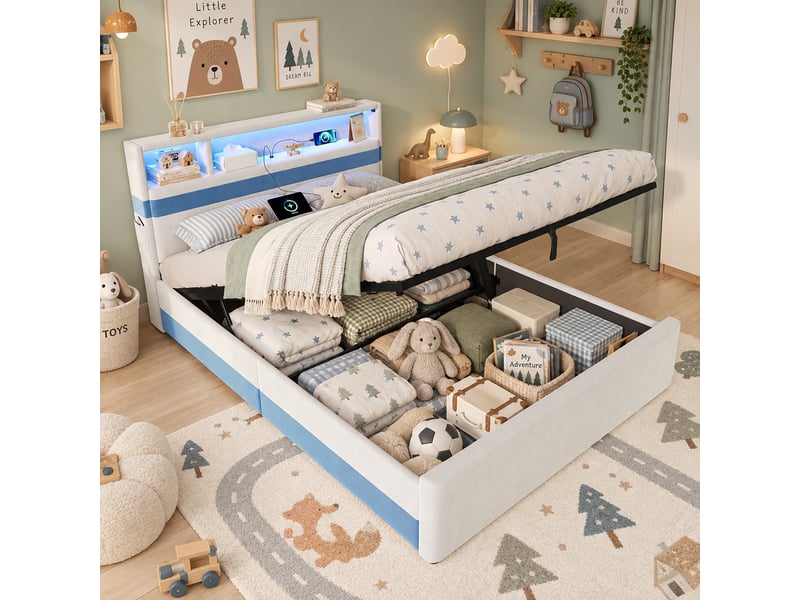 Lit coffre 140x200 cm à ouverture hydraulique, tête de lit avec niches et led, ports usb, poches latérales, velours blancbleu, usage fonctionnel - Conforama C