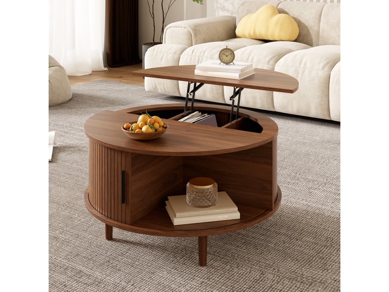  Table basse ronde relevable avec rangement compartimenté, table de salon avec porte coulissante et lattes verticales, pieds pin massif, mdf, noyer OPULERANE TRADING LTD - Conforama E