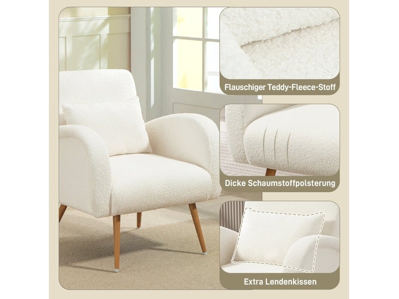  Fauteuil de lecture moderne en tissu crème avec coussin lombaire et pieds métal effet bois, pour votre salon  - Conforama E