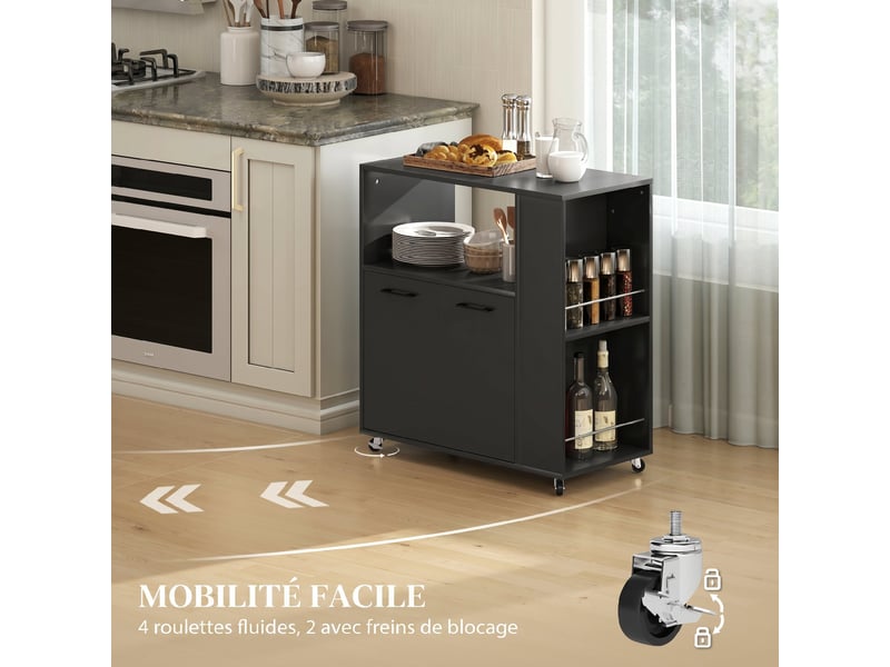Desserte de cuisine à roulettes, îlot central cuisine avec plan de travail et étagère réglable, noir, 75x40x80,5cm - Conforama W