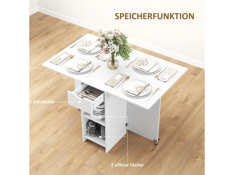 Table de salle à manger pour 2 à 4 personnes avec 1 tiroir, 2 niches et rabats pliants pour cuisine et salle à manger - Conforama E