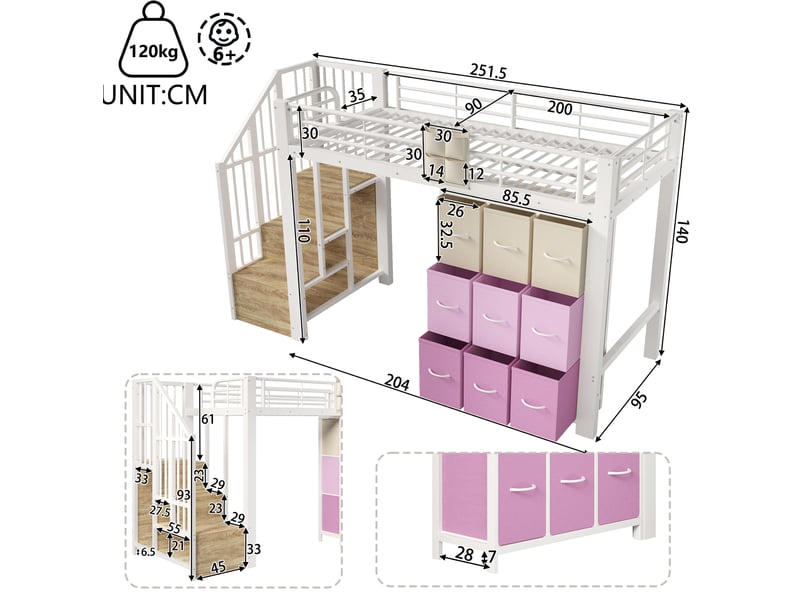  Modenvie lit mezzanine 90x200 cm - avec rangements, penderie intégrée, sans matelas - blanc  - Conforama C