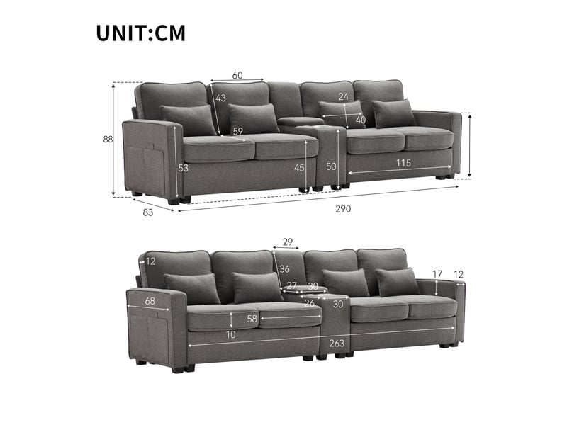  Canapé moderne 4 places 290 x 83 x 88cm, console, 2 porte-gobelets, 2 ports usb, poches d’accoudoirs et 4 coussins, lin, gris Bliss Lite - Conforama C