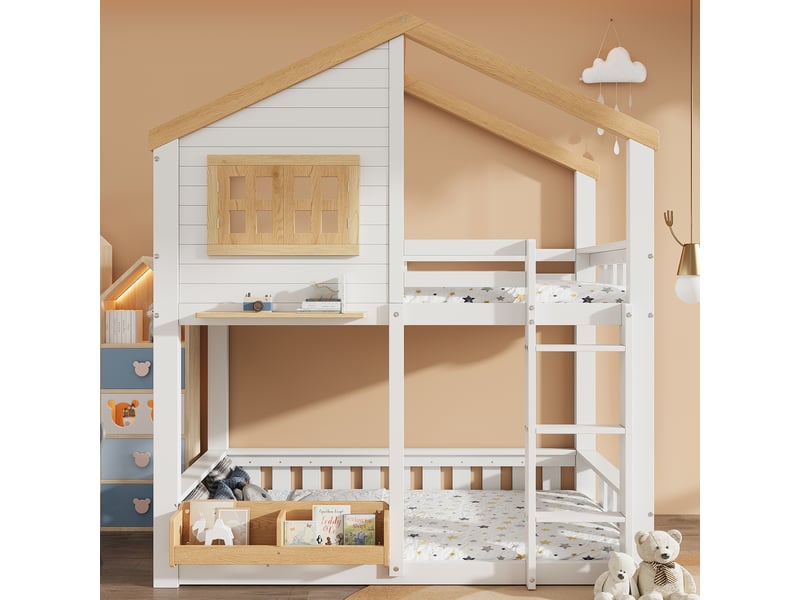  Lit superposé lit enfant 2x90x200 cm blanc et bois naturel mdf  - Conforama B