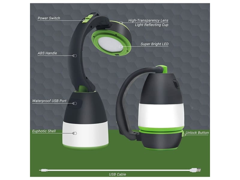  3 en 1 lanterne de camping à led &amp; lampe de poche à main &amp; lampe de table 5 modes rechargeable tente lumières extérieur banque de puissance  - Conforama B