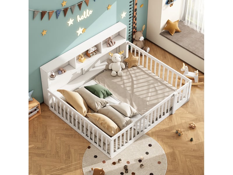  Lit enfant 140x200 cm avec rangements et barrières ouvrantes blanc  - Conforama D