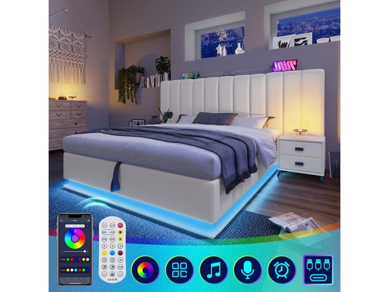  Lit coffre 160×200cm, lit double, lit adulte, port usb et type-c, led, tête de lit, pu, métal, bois, blanc, sans matelas  - Conforama D