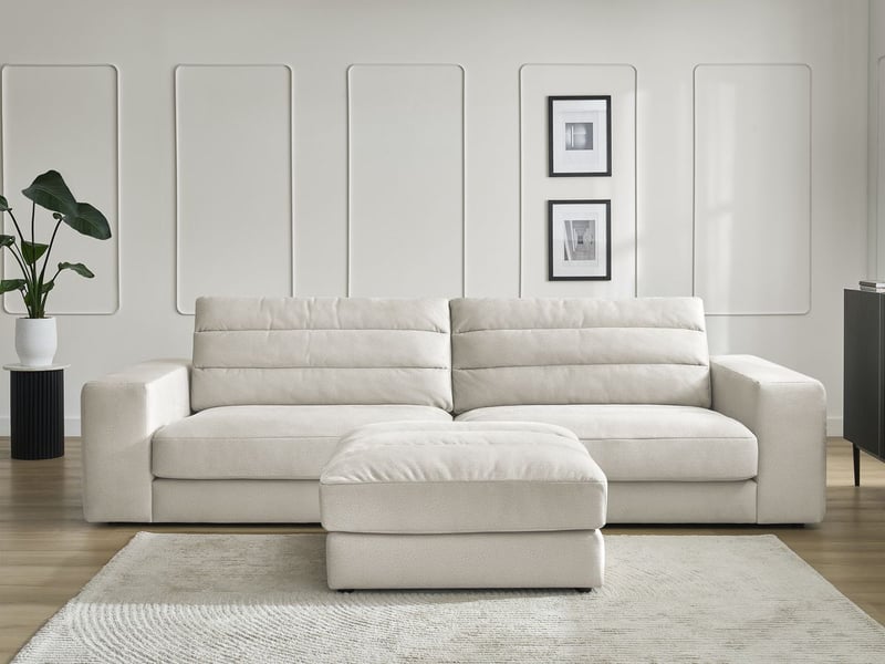  Bobochic canapé droit fixe 3 places sierra velours avec pouf beige SIERRA - Conforama D