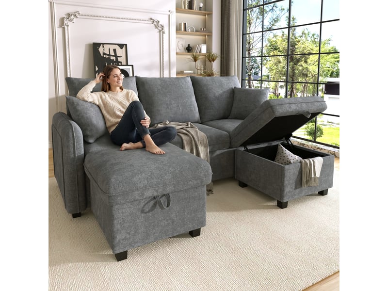  Canapé d’angle en u 3 places modulable et convertible en lit une personne, tissu chenille gris foncé, 2 poufs et rangements  - Conforama B