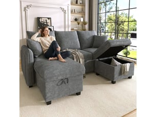 Canapé d’angle en u 3 places modulable et convertible en lit une personne, tissu chenille gris foncé, 2 poufs et rangements