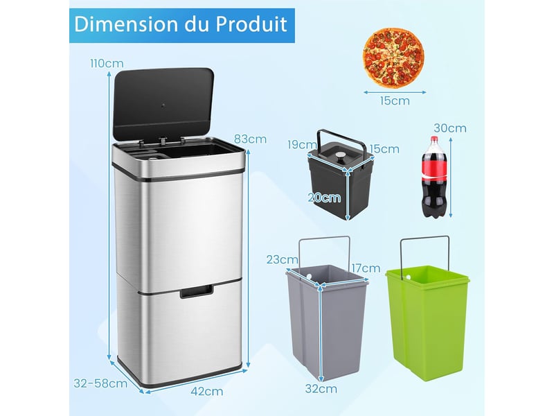  72 l poubelle cuisine sans contact, capteur de mouvement intelligent, poubelle à tri bacs de recyclage, fermeture lente, 42 x 32-58 x 84-110 cm  - Conforama B