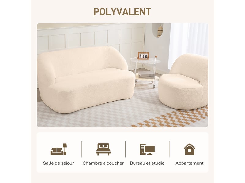  Canapé 2 places canapé en tissu bouclette 142 cm avec dossier et assise incurvés, beige, aucun assemblage requis  - Conforama R
