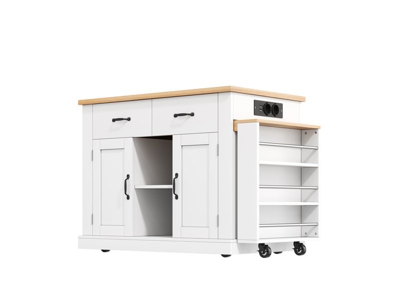 Îlot de cuisine extensible, table coulissante de 115 cm, 2 tiroirs, 2 portes, prises usb, roulettes, blanc et bois - Conforama A