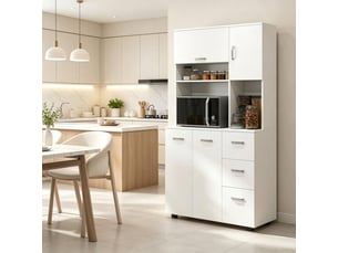 Buffet de cuisine blanc 168 cm avec portes et tiroirs, meuble de rangement en bois