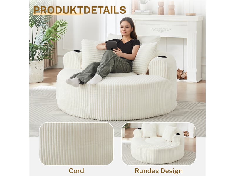 Canapé 1 place rond avec 2 porte-gobelets, 3 coussins et poches latérales, velours côtelé, beige OMNIGLINT TRADING LTD - Conforama E