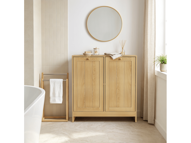  Meuble à linge tcqpz 66 x 33 x 68 cm à 2 paniers amovibles mdf et panneaux de particules coloris chêne  - Conforama D