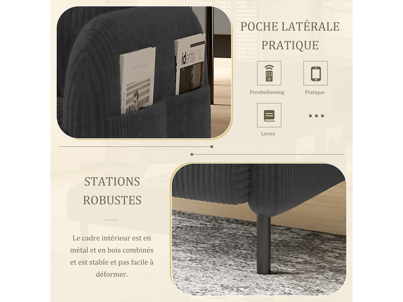  Fauteuil en velours côtelé avec assise profonde, dossier ergonomique et poches latérales, gris, 67 × 75 × 79 cm  - Conforama E