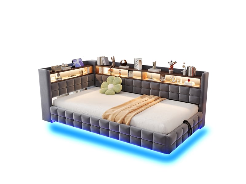  Lit simple 90x200 cm avec rangement hydraulique et led en velours gris  - Conforama A
