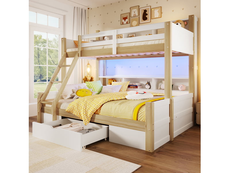  Lit superposé 90x200 et 140x200 cm avec rangements et led, blanc et naturel  - Conforama B