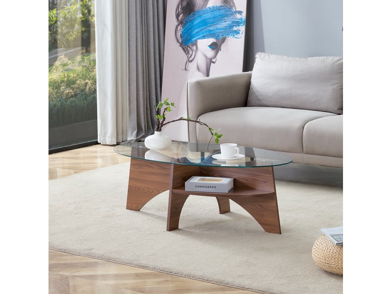  Table basse ovale transparente avec étagère en verre de sécurité et mdf coloris noyer  - Conforama D