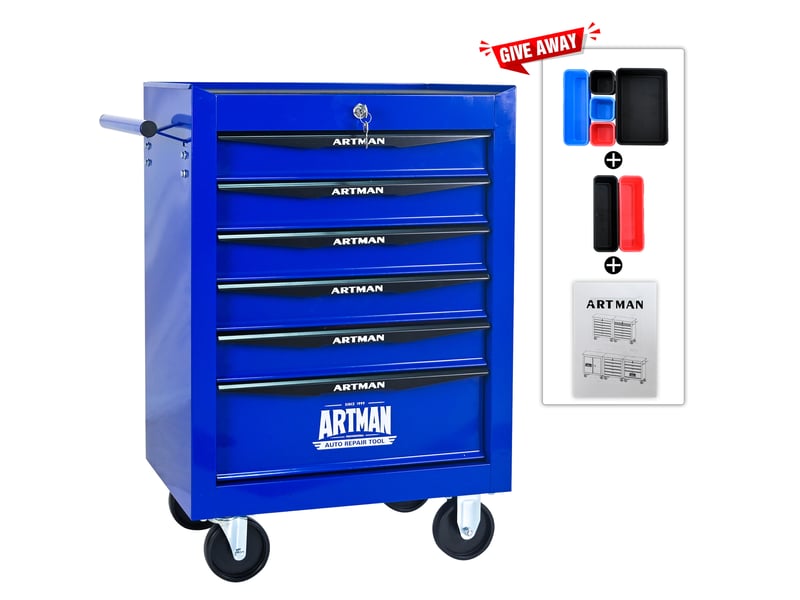  Armoire à outils mobile 60 x 33 x 77,5 cm noir et bleu, acier, 6 tiroirs avec serrure à clé et roulettes freinées  - Conforama A