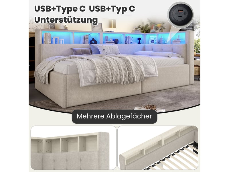  Lit de jour 90x200 cm en lin beige avec rangement hydraulique et ports usbtype-c  - Conforama E