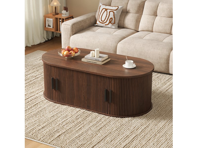  Table basse ovale 100x50x33 cm avec portes à rideau, finition noyer  - Conforama B