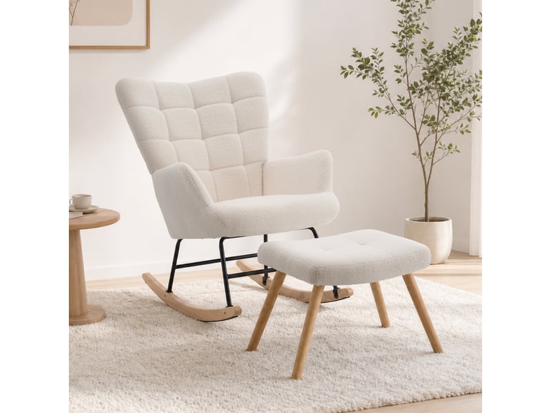  Fauteuil à bascule beige en tissu bouclé avec repose-pieds, dossier haut et assise épaisse homvra  - Conforama C