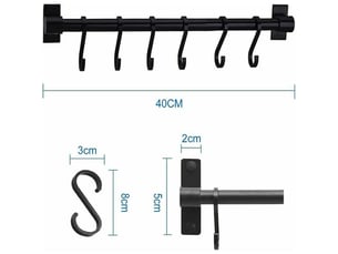 Barre murale cuisine ustensiles 40cm barre étagère de cuisine avec 6 crochets amovibles, pour ustensiles de cuisine(noir, multicolore