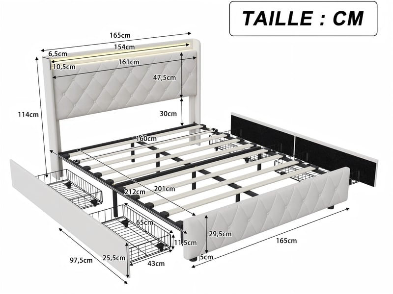  Lit 2 places 160x200 cm - avec éclairage led - tête de lit avec étagère - similicuir pu beige - sommier à lattes inclus  - Conforama C