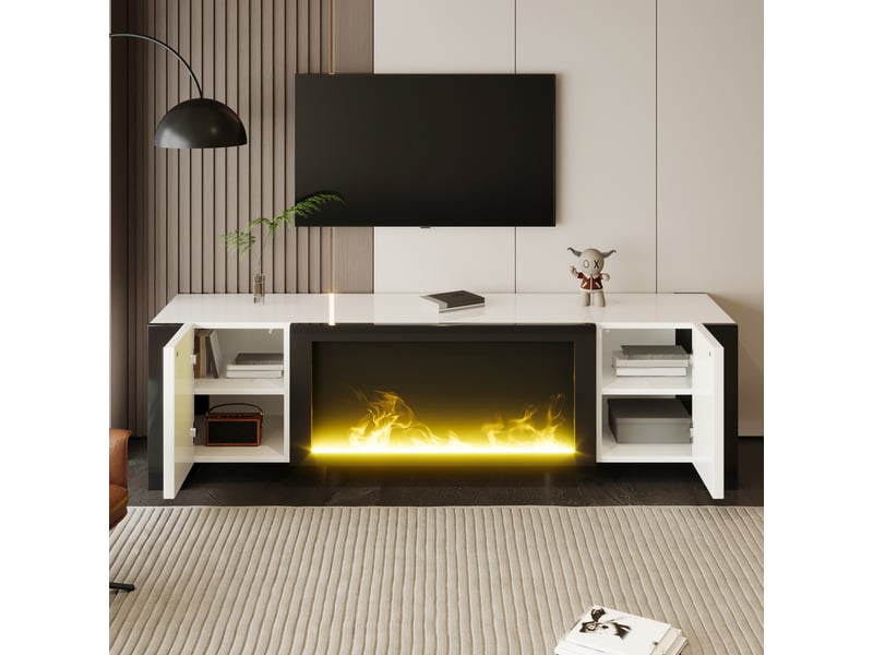  Meuble tv avec 2 portes et étagères, cheminée électrique effet flamme sans chauffage, pour salon, 165 x 32 x 55 cm  - Conforama D