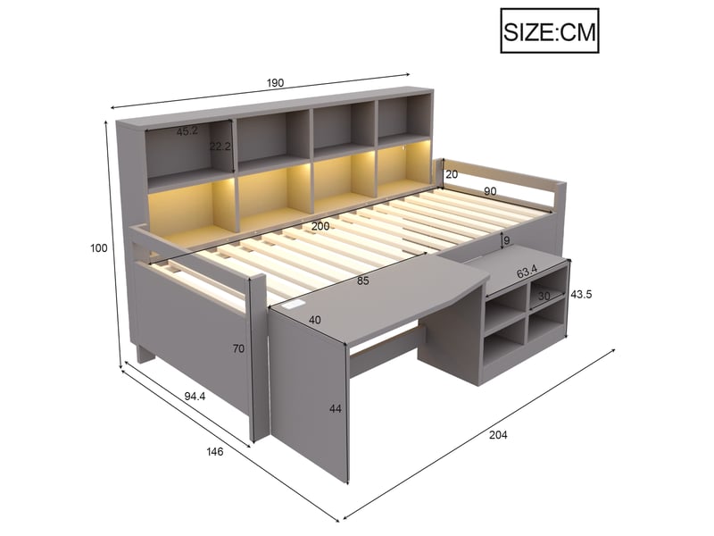  Lit enfant multifonction 90x200 cm, lit simple avec éclairage led, bureau, rangements, usb, mdf, gris, sans matelas  - Conforama C