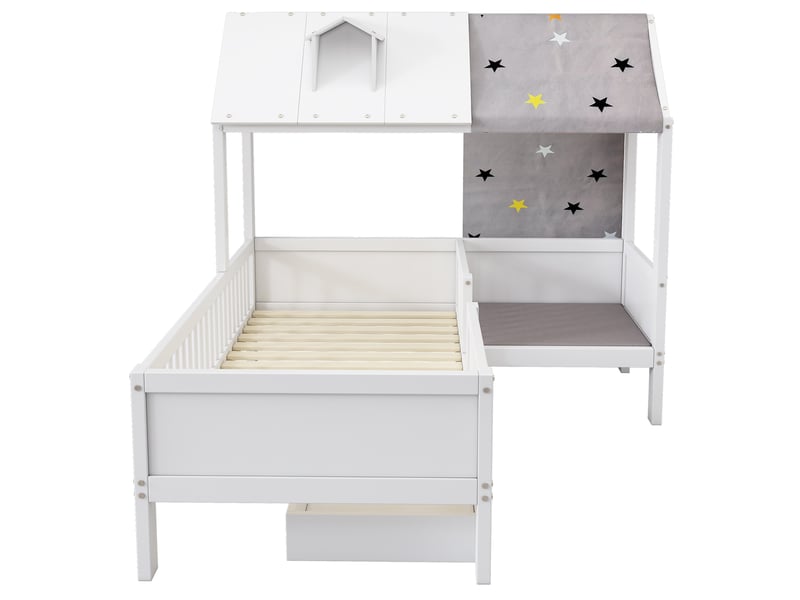  Lit cabane pour enfants en bois massif 90x200cm avec 1 tiroirs,espace de chevet et toile de tente,,en forme de maison,sans matelas,blanc lit enfant blanc - Conforama D