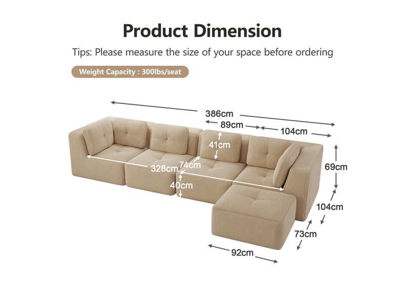  Canapé d'angle modulaire sans cadre avec assise profonde et coussins moelleux, en corduroy beige  - Conforama E