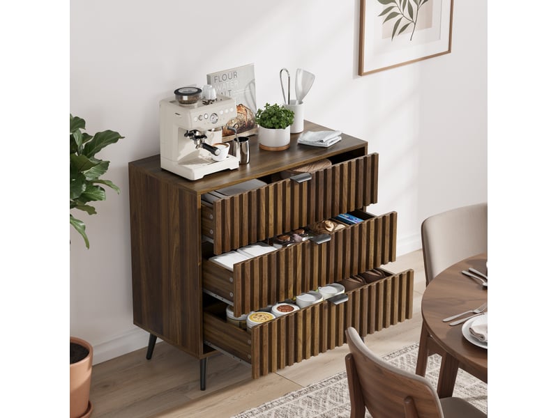  Commode à 3 tiroirs 80x39x78 cm, style moderne, armoire de rangement, mdf, couleur noyer, poignées et pieds en métal  - Conforama B