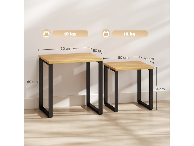  Tables basses gigognes 2 pièces avec structure en métal et plateau aspect bois pour salon, bois naturel  - Conforama E