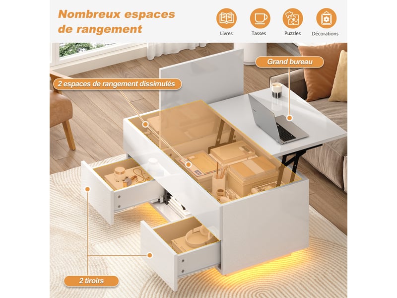  Table basse relevable, table basse avec 2 tiroirs et 2 portes coulissantes, table de salon moderne, 100x50x36 cm, blanc  - Conforama E