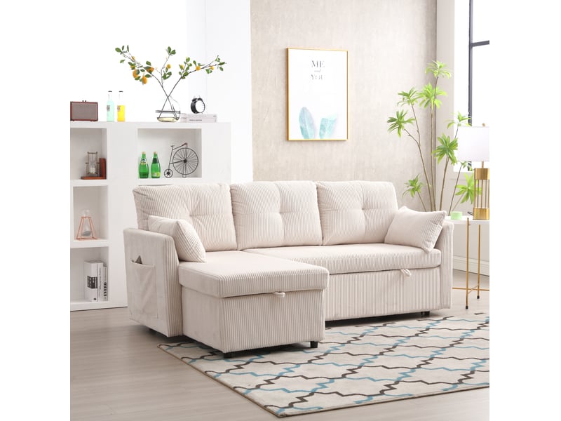  Canapé d'angle réversible convertible 3 places modulaire avec rangement et poches latérales en velours côtelé beige  - Conforama D