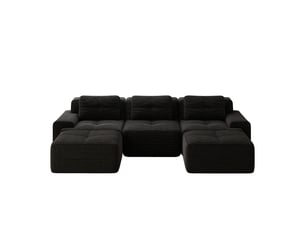 Canapé modulable 3 places noir, canapé panoramique en u avec ottoman, revêtement côtelé, design sans pieds pour salon moderne