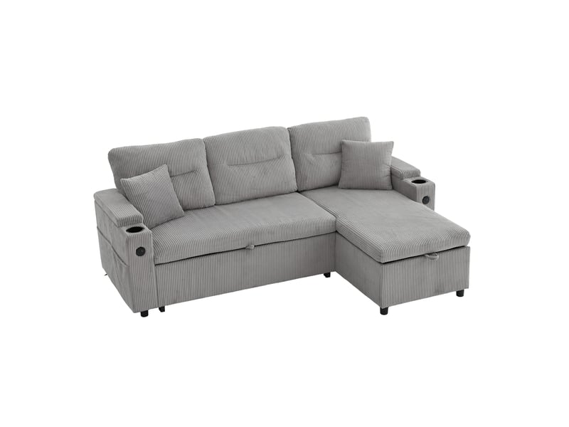  Canapé 3 places 212,5x136x86cm, velours côtelé gris clair, espace de rangement, porte-verres et ports usb-c, confortable et tendre  - Conforama A