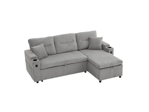 Canapé 3 places 212,5x136x86cm, velours côtelé gris clair, espace de rangement, porte-verres et ports usb-c, confortable et tendre
