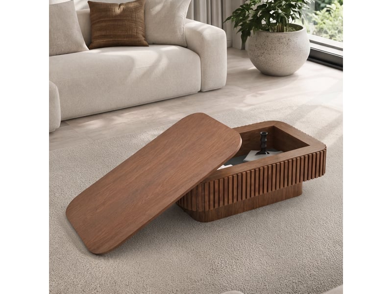 Table basse rectangle 98cm noyer flutée avec rangement caché – placage bois massif – style moderne et assemblage en 5 minutes - Conforama C