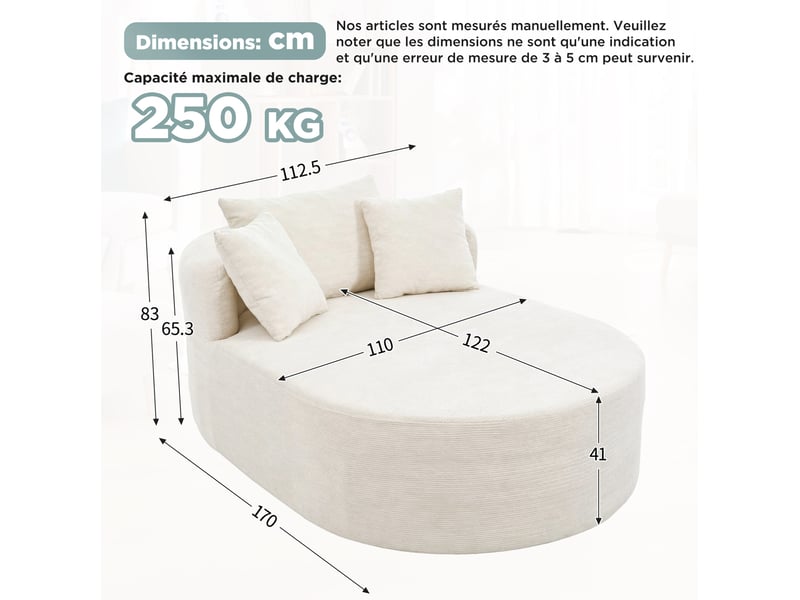 Fauteuil relax modenvie ovale en velours côtelé beige clair, 1 place, assise profonde 122 cm, 170 x 112,5 x 83 cm  - Conforama C